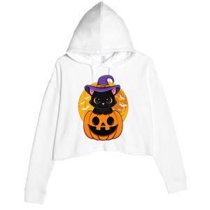 Halloween Black Cat Witch Hat Pumpkin Crop Fleece Hoodie