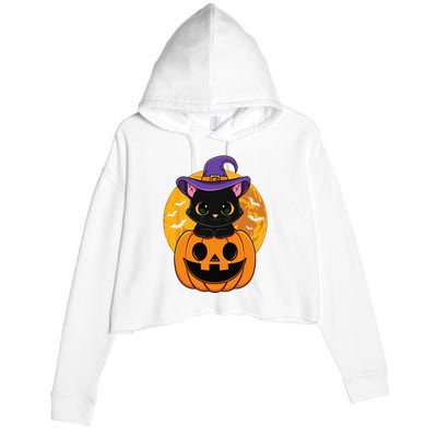 Halloween Black Cat Witch Hat Pumpkin Crop Fleece Hoodie