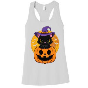 Halloween Black Cat Witch Hat Pumpkin Women's Racerback Tank