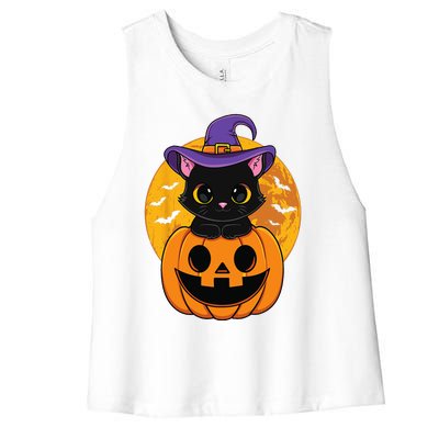 Halloween Black Cat Witch Hat Pumpkin Women's Racerback Cropped Tank