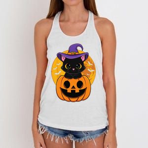 Halloween Black Cat Witch Hat Pumpkin Women's Knotted Racerback Tank