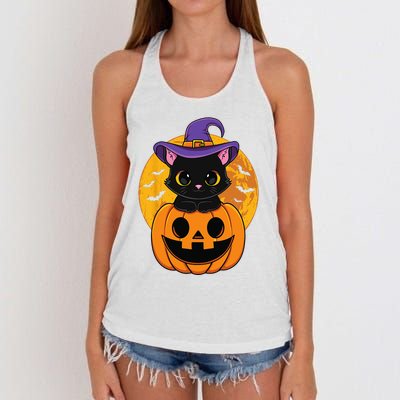 Halloween Black Cat Witch Hat Pumpkin Women's Knotted Racerback Tank