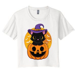 Halloween Black Cat Witch Hat Pumpkin Women's Crop Top Tee