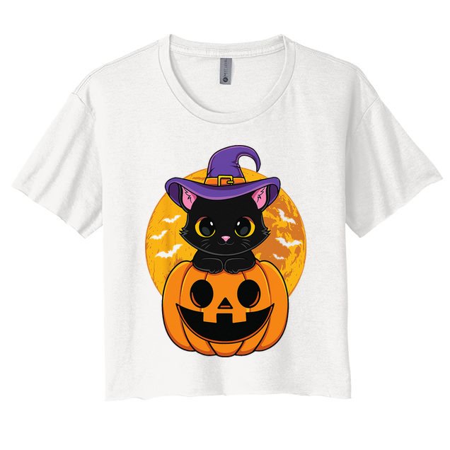 Halloween Black Cat Witch Hat Pumpkin Crop Top