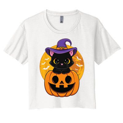 Halloween Black Cat Witch Hat Pumpkin Women's Crop Top Tee