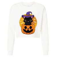 Halloween Black Cat Witch Hat Pumpkin Cropped Pullover Crew