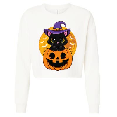 Halloween Black Cat Witch Hat Pumpkin Cropped Pullover Crew