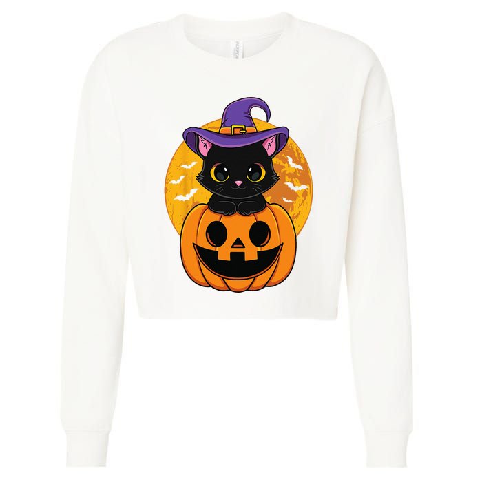 Halloween Black Cat Witch Hat Pumpkin Cropped Pullover Crew