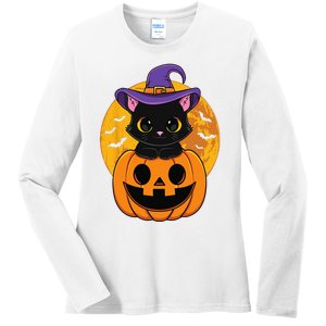 Halloween Black Cat Witch Hat Pumpkin Ladies Long Sleeve Shirt