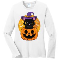 Halloween Black Cat Witch Hat Pumpkin Ladies Long Sleeve Shirt