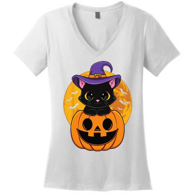 Halloween Black Cat Witch Hat Pumpkin Women's V-Neck T-Shirt