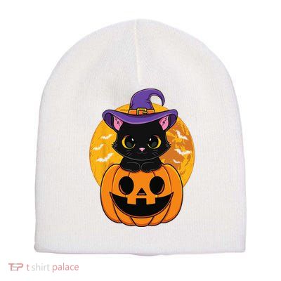 Halloween Black Cat Witch Hat Pumpkin Short Acrylic Beanie