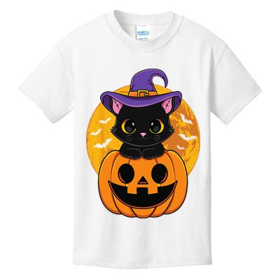 Halloween Black Cat Witch Hat Pumpkin Kids T-Shirt