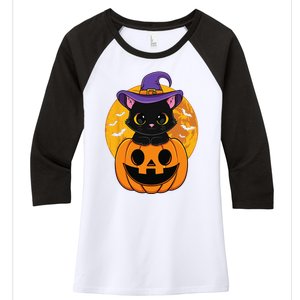 Halloween Black Cat Witch Hat Pumpkin Women's Tri-Blend 3/4-Sleeve Raglan Shirt