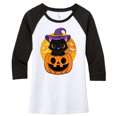 Halloween Black Cat Witch Hat Pumpkin Women's Tri-Blend 3/4-Sleeve Raglan Shirt