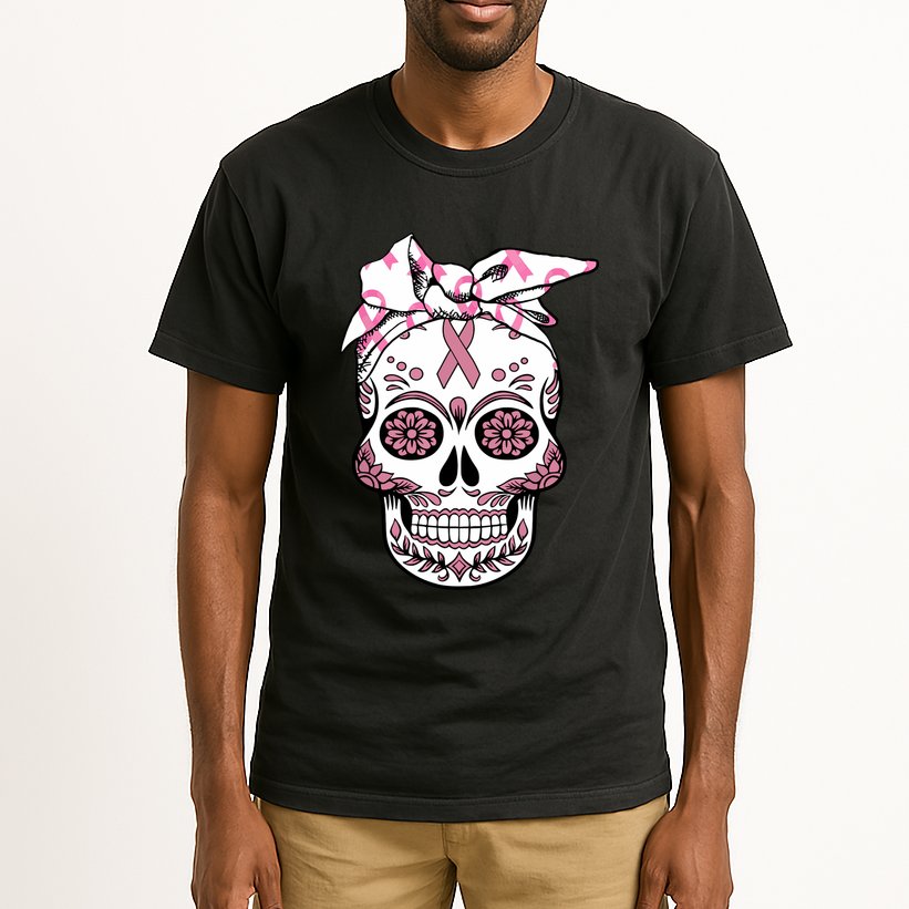 Halloween Breast Cancer Awareness Ribbon Skull Skeleton Tall T-Shirt