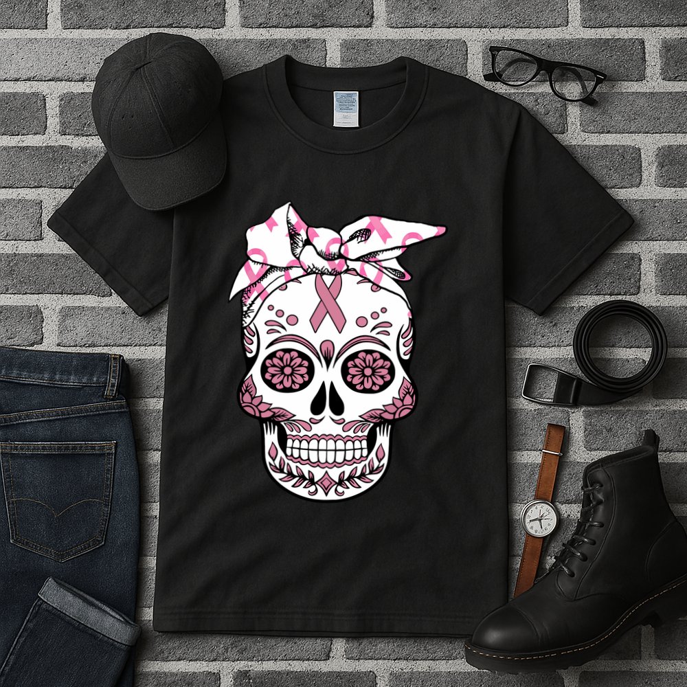 Halloween Breast Cancer Awareness Ribbon Skull Skeleton Tall T-Shirt