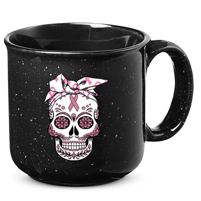 Halloween Breast Cancer Awareness Ribbon Skull Skeleton 15oz Campfire Ceramic Mug