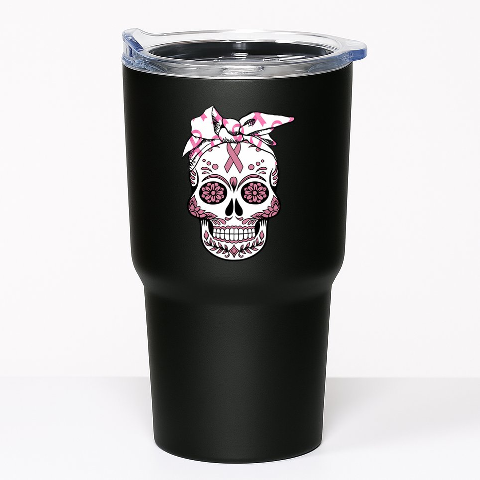 Halloween Breast Cancer Awareness Ribbon Skull Skeleton Tumbler
