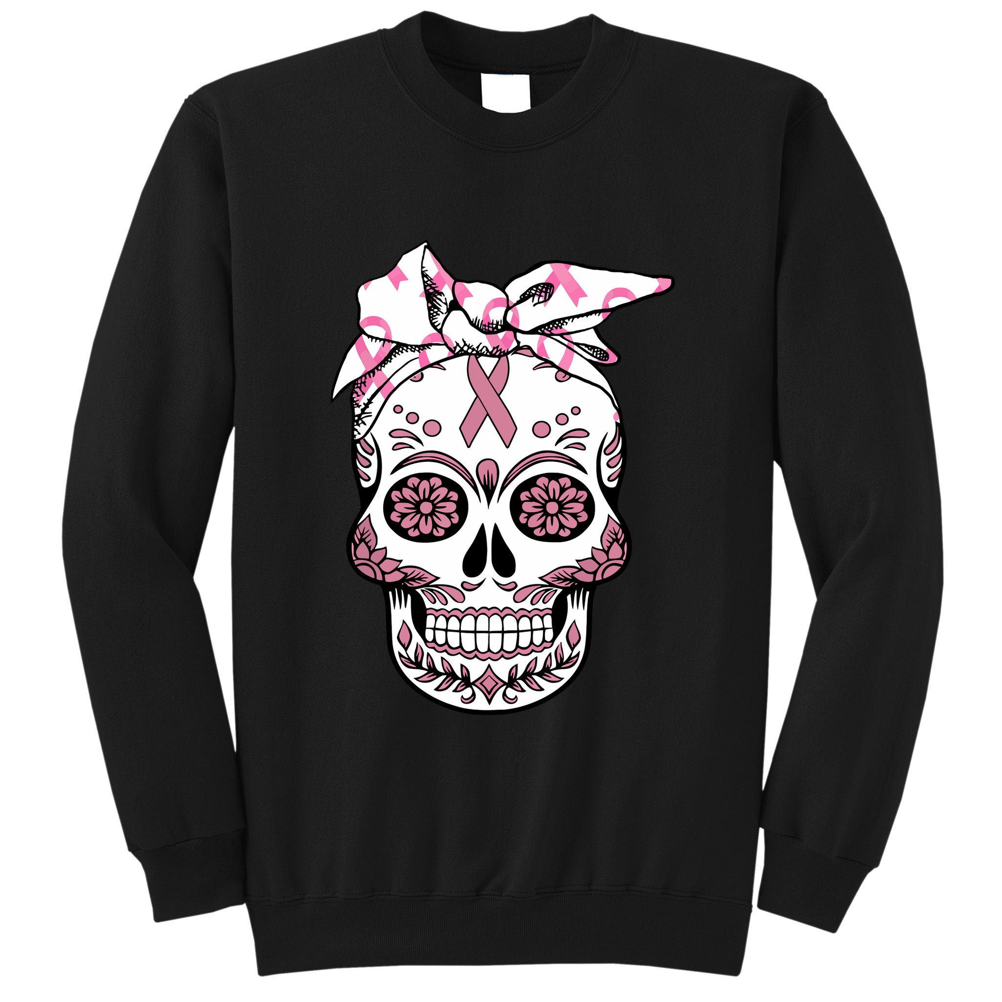 Halloween Breast Cancer Awareness Ribbon Skull Skeleton Tall Sweatshirt