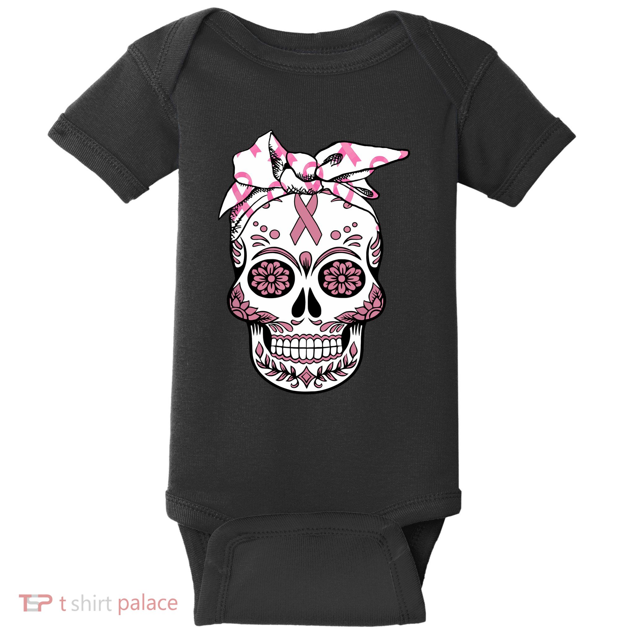 Halloween Breast Cancer Awareness Ribbon Skull Skeleton Baby Bodysuit