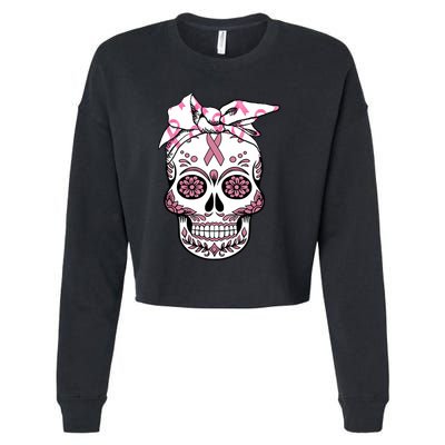 Halloween Breast Cancer Awareness Ribbon Skull Skeleton Cropped Pullover Crew