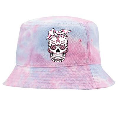 Halloween Breast Cancer Awareness Ribbon Skull Skeleton Tie-Dyed Bucket Hat