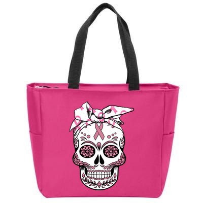 Halloween Breast Cancer Awareness Ribbon Skull Skeleton Zip Tote Bag