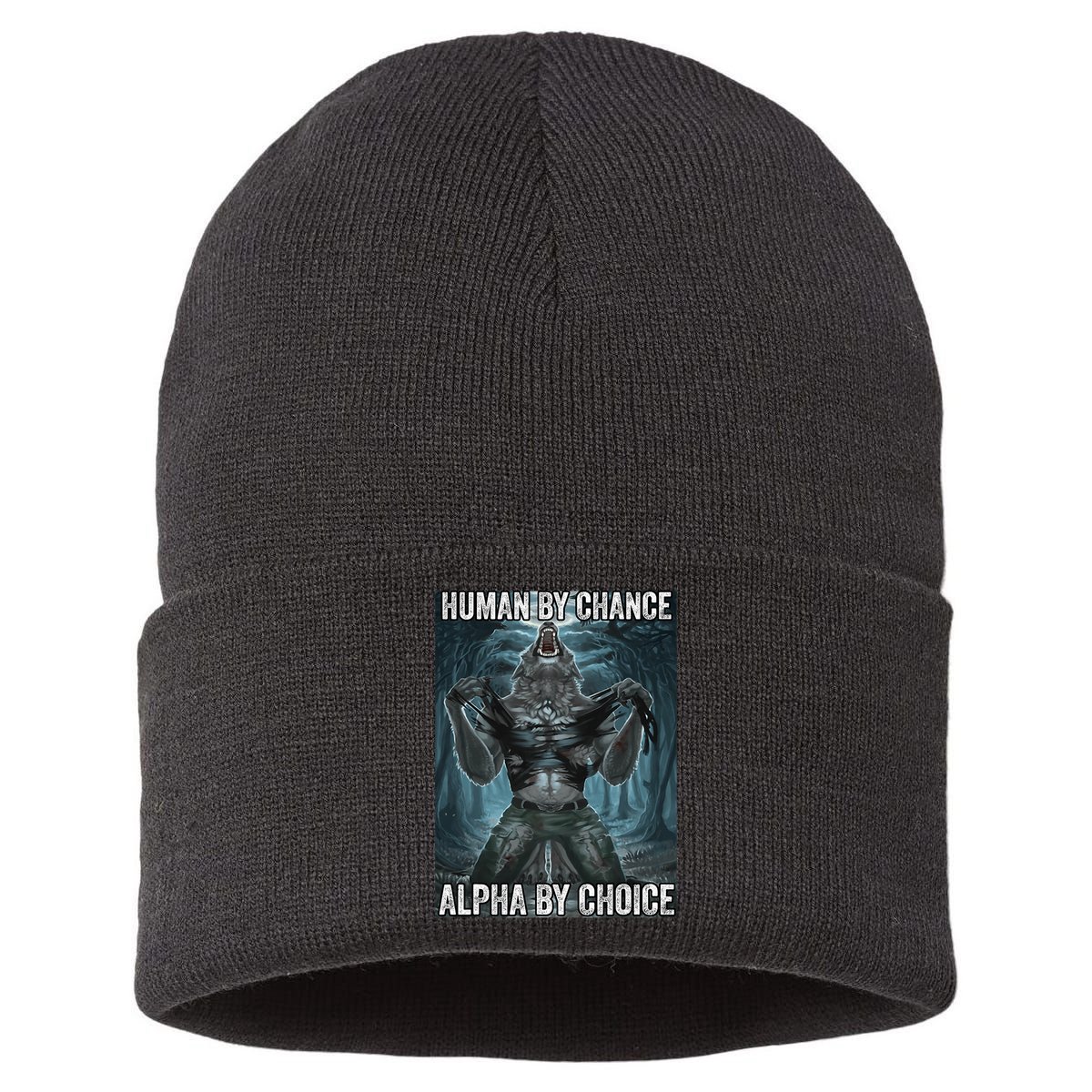 Human By Chance Alpha By Choice Cool Funny Alpha Wolf Meme Sustainable Knit Beanie
