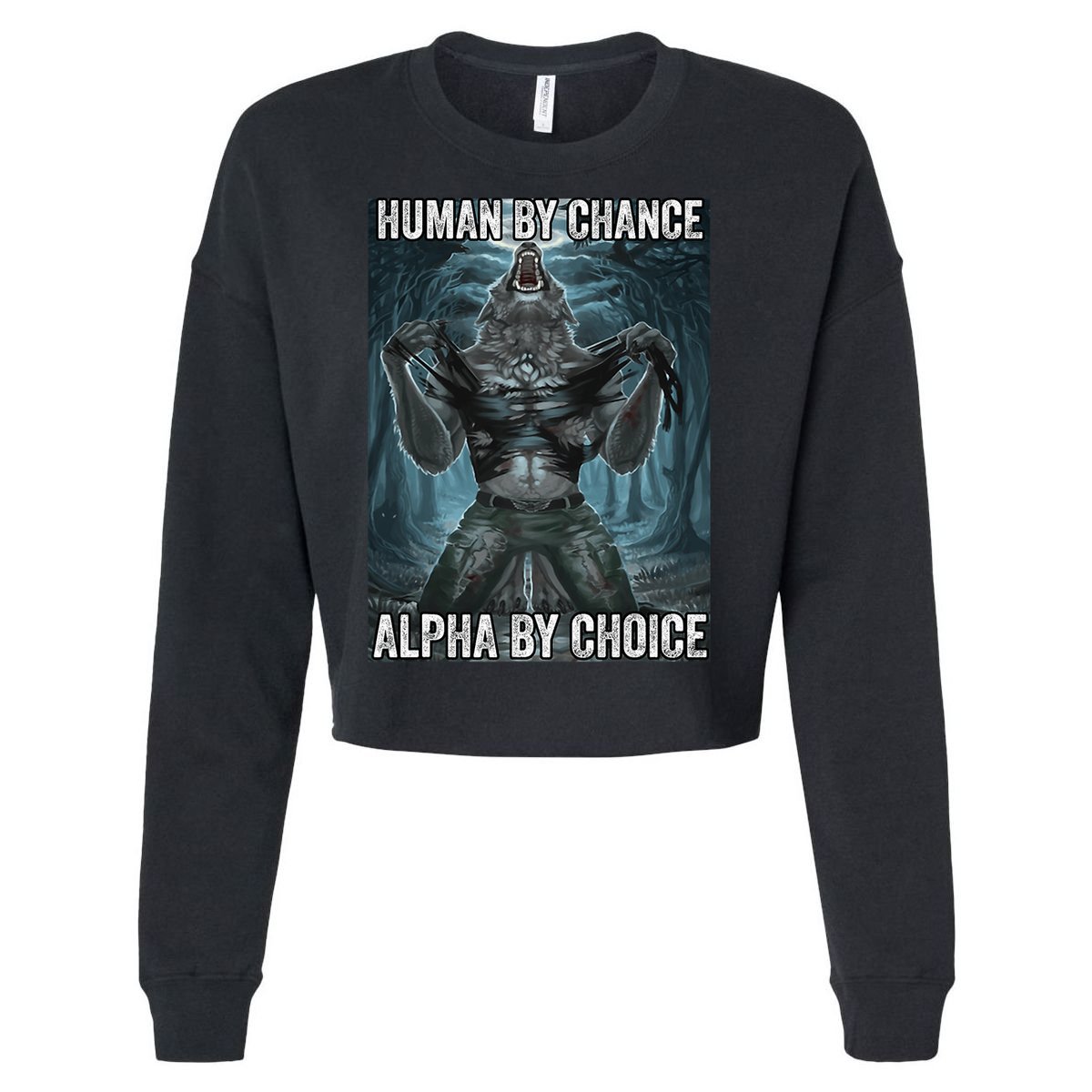Human By Chance Alpha By Choice Cool Funny Alpha Wolf Meme Cropped Pullover Crew