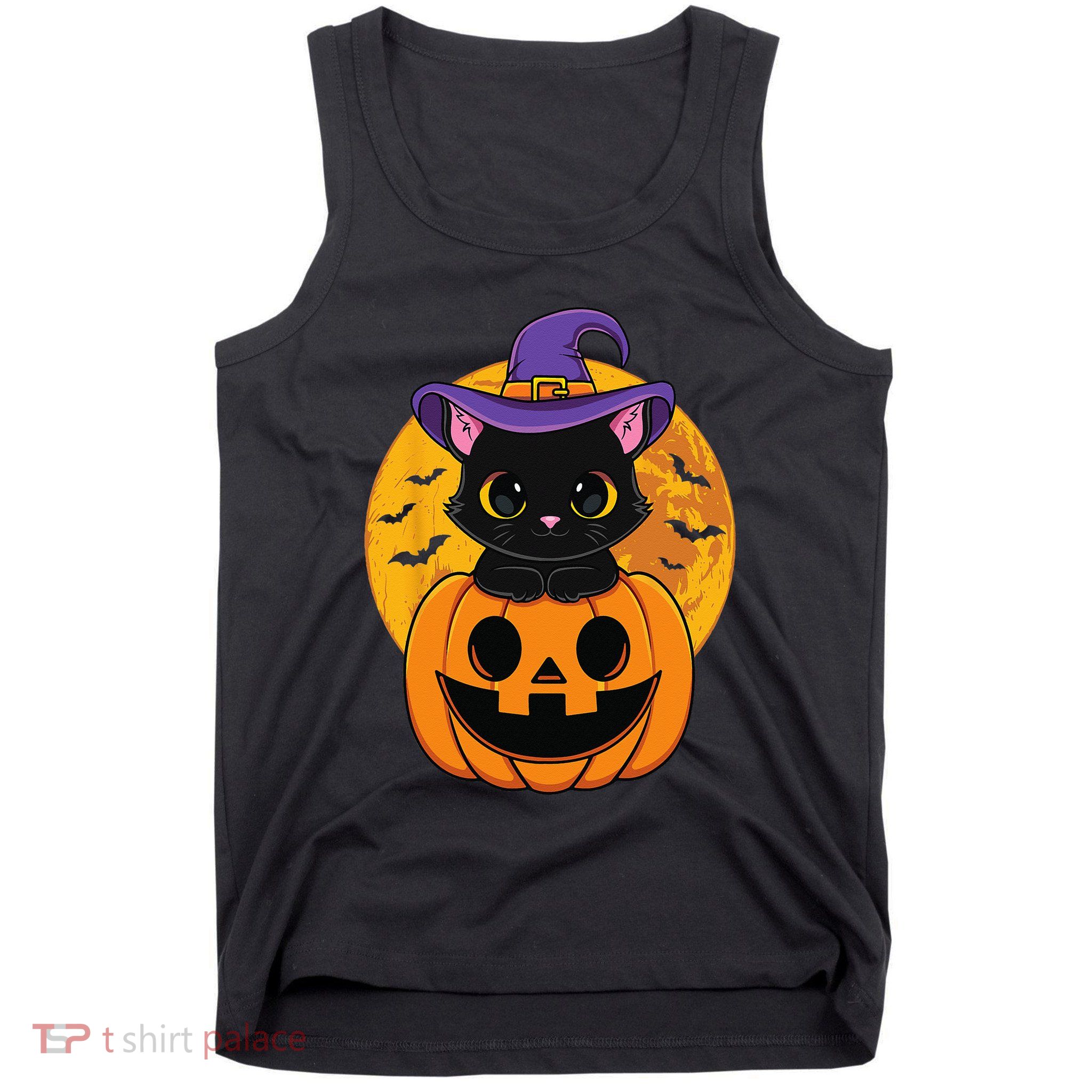Halloween Black Cat Witch Hat Pumpkin Tank Top