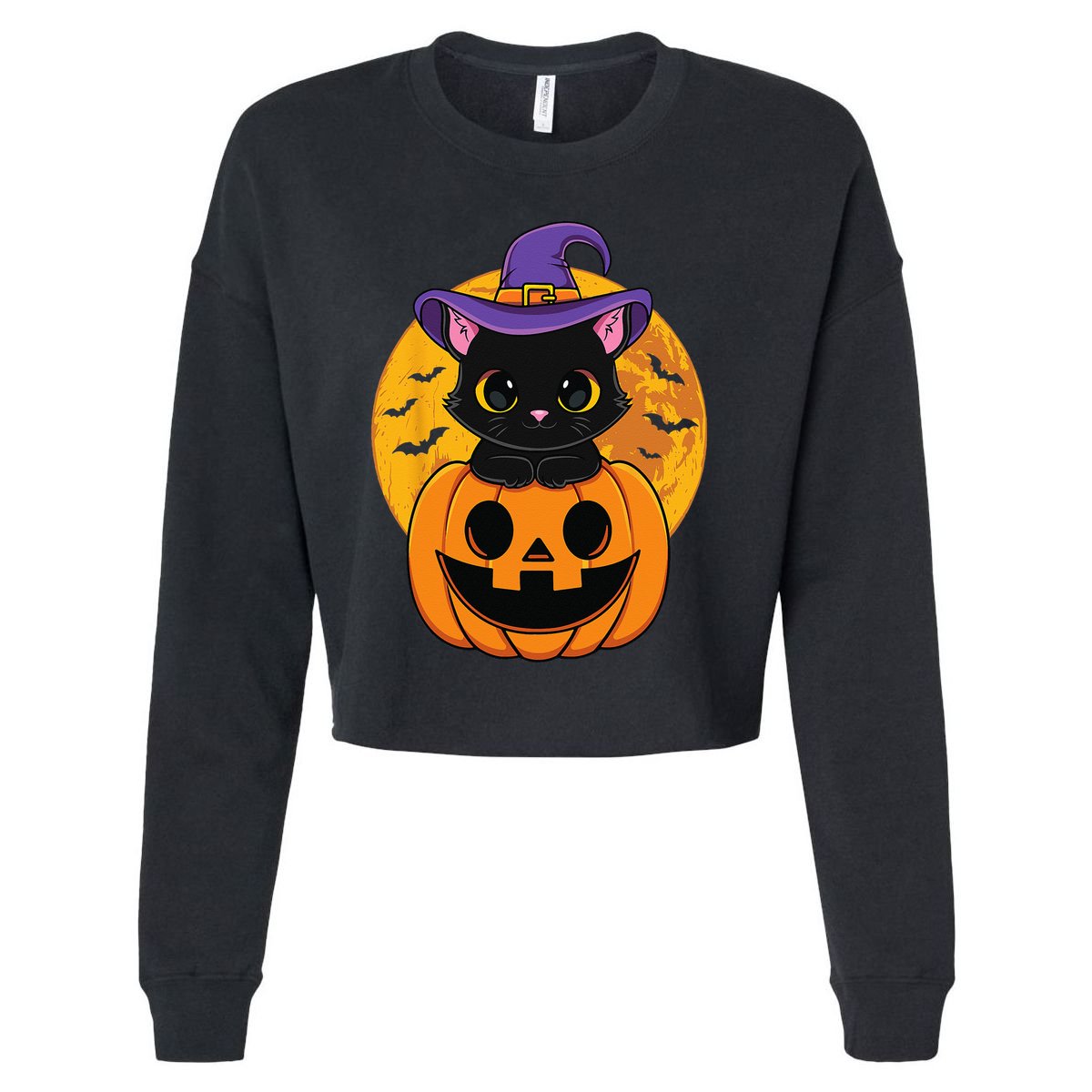 Halloween Black Cat Witch Hat Pumpkin Cropped Pullover Crew