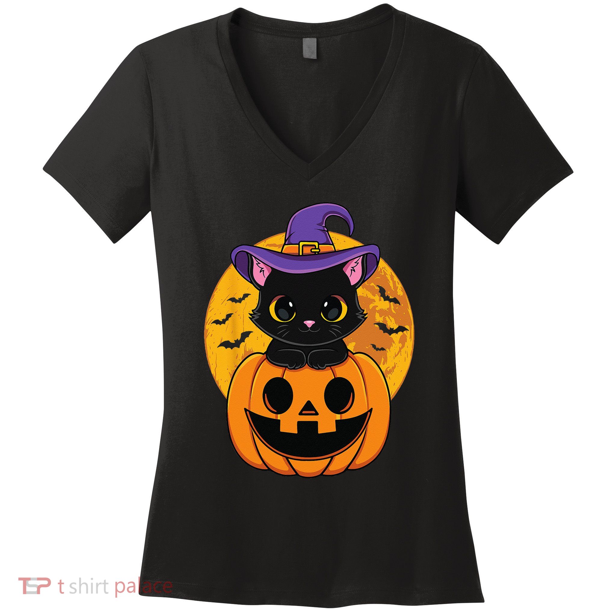 Halloween Black Cat Witch Hat Pumpkin Women's V-Neck T-Shirt