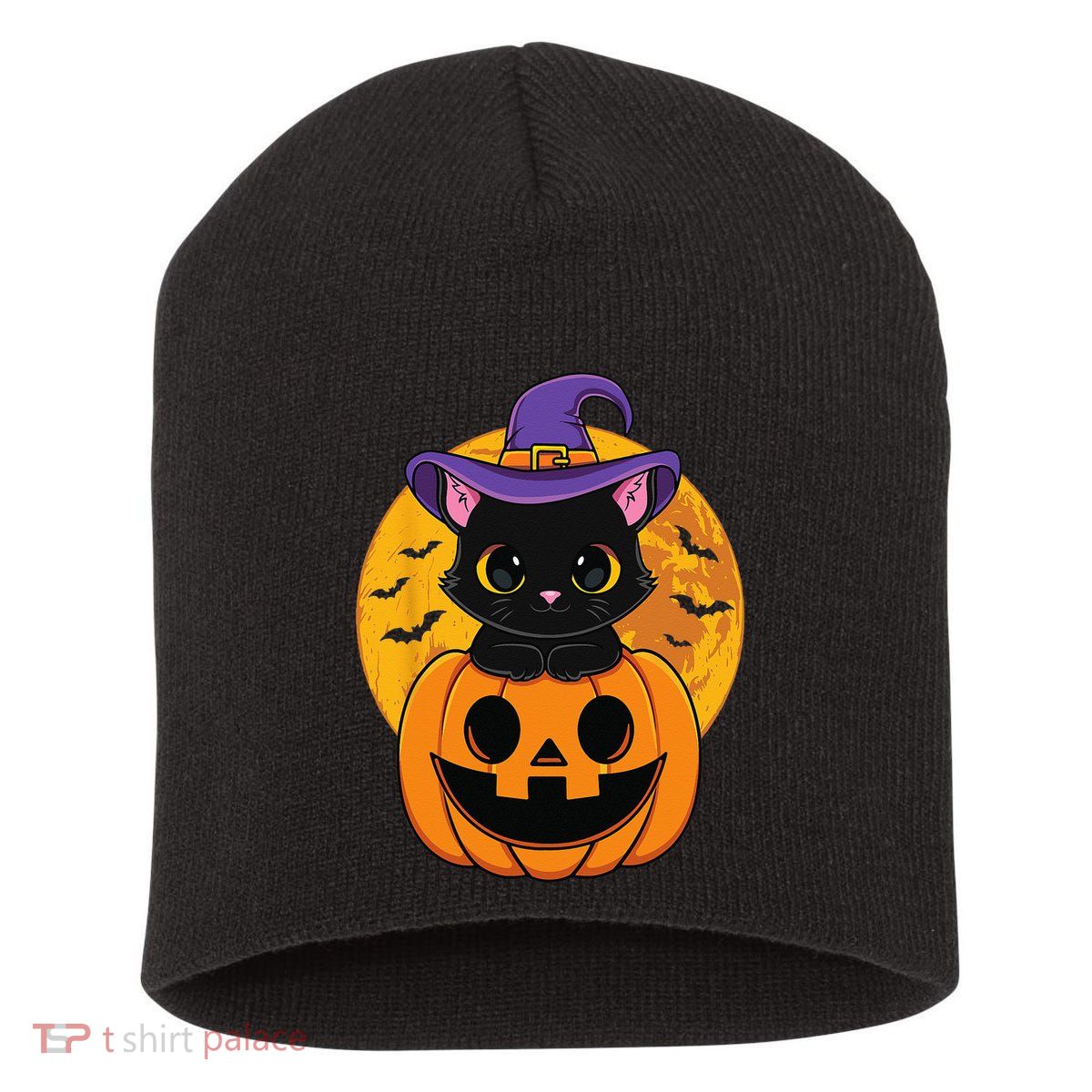 Halloween Black Cat Witch Hat Pumpkin Short Acrylic Beanie