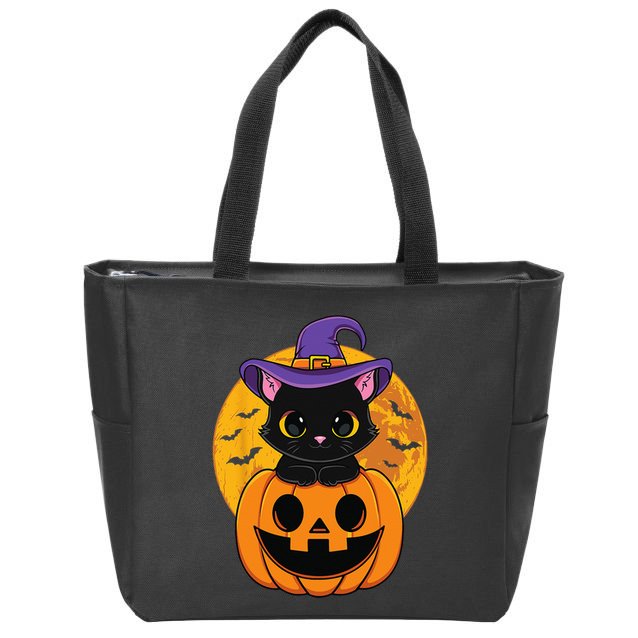 Halloween Black Cat Witch Hat Pumpkin Zip Tote Bag