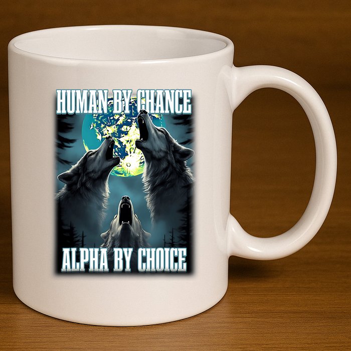 Human By Chance Alpha By Choice Funny Alpha Wolf Meme 11oz C Handle Ceramic Mug