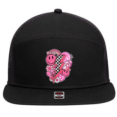 Heal Breast Cancer Awareness Retro Smile 7 Panel Mesh Trucker Snapback Hat