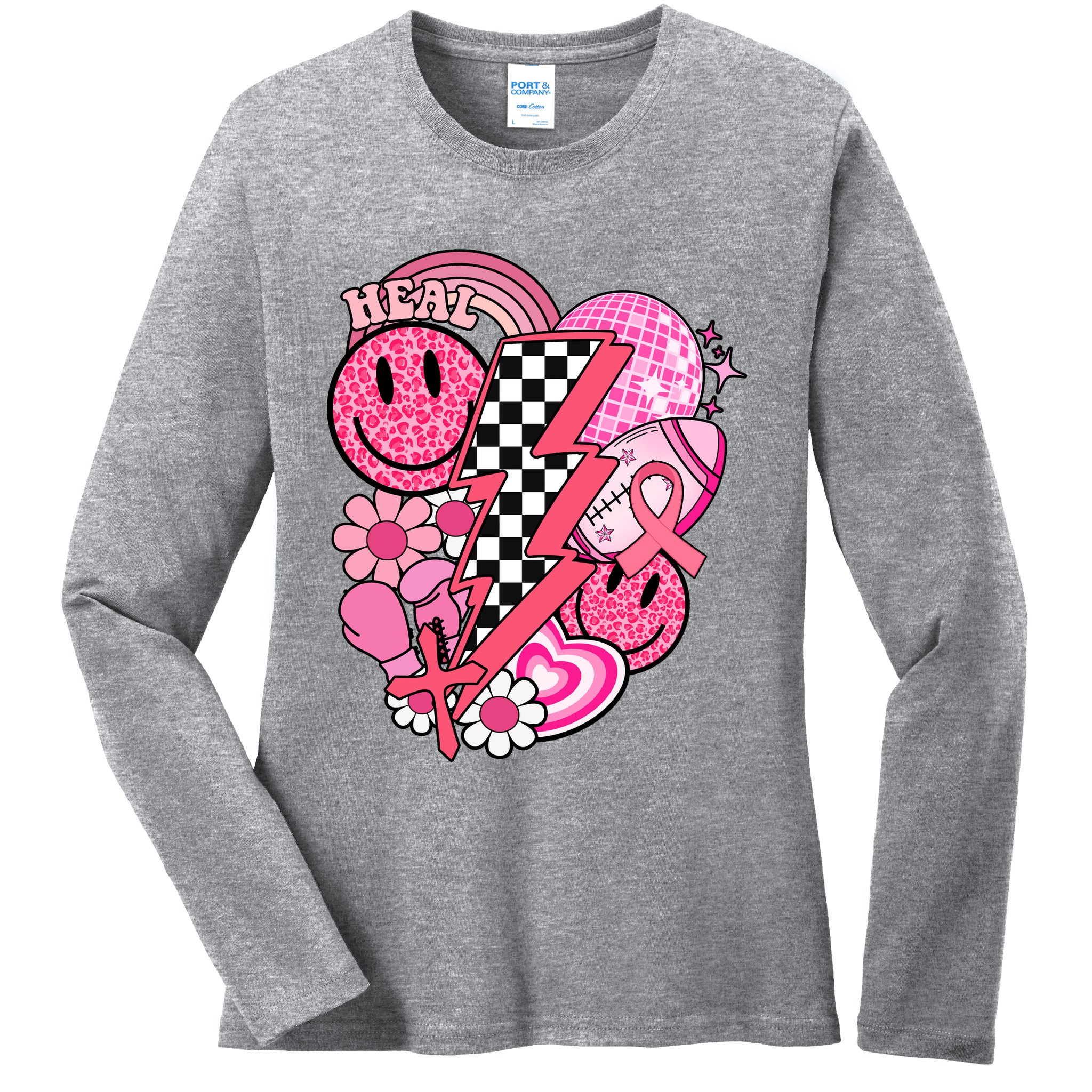 Heal Breast Cancer Awareness Retro Smile Ladies Long Sleeve Shirt