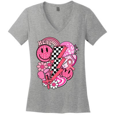 Heal Breast Cancer Awareness Retro Smile Women's V-Neck T-Shirt