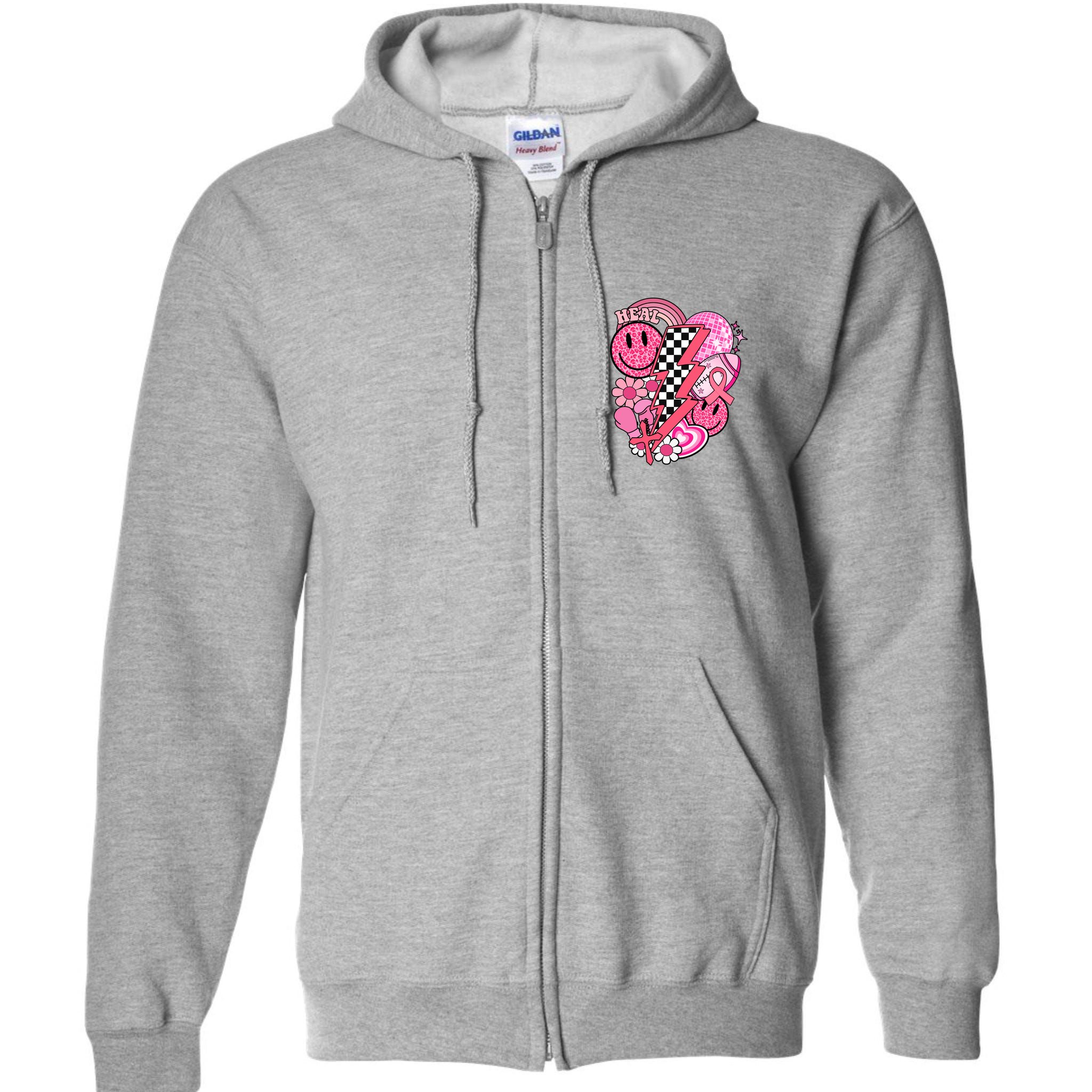 Heal Breast Cancer Awareness Retro Smile Full Zip Hoodie