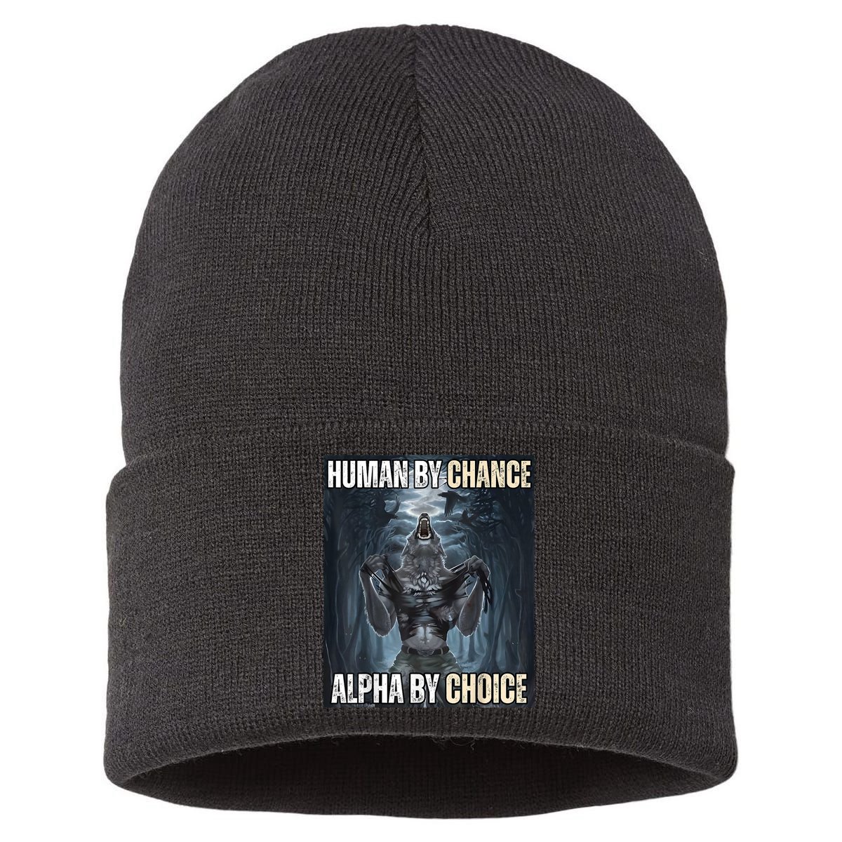 Human By Chance Alpha By Choice Cool Funny Alpha Wolf Meme Sustainable Knit Beanie