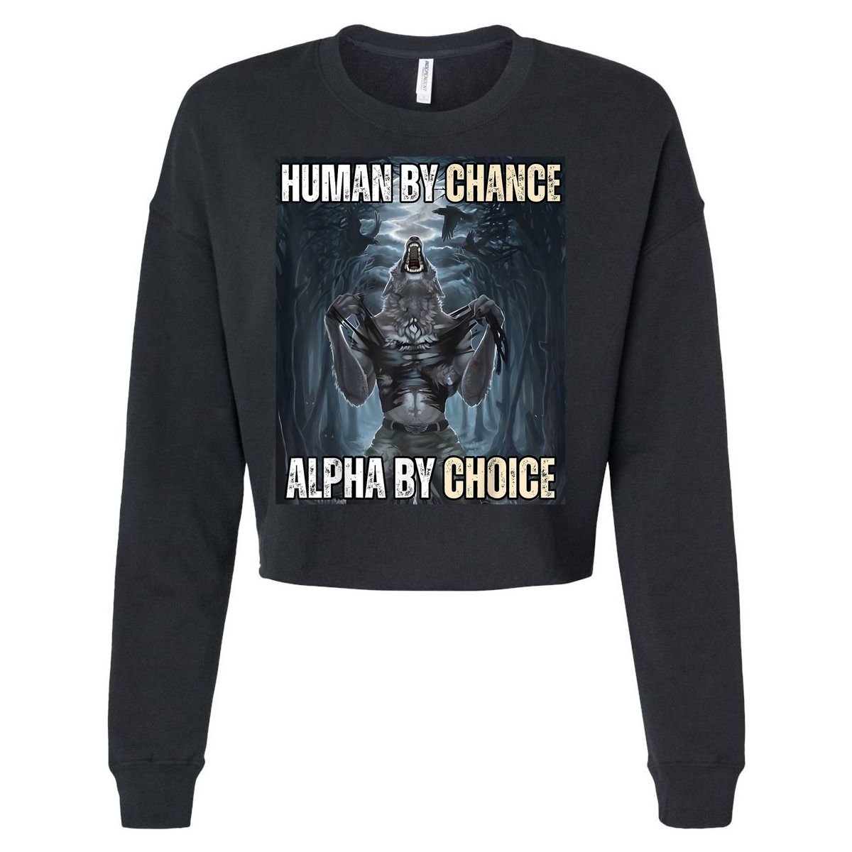 Human By Chance Alpha By Choice Cool Funny Alpha Wolf Meme Cropped Pullover Crew