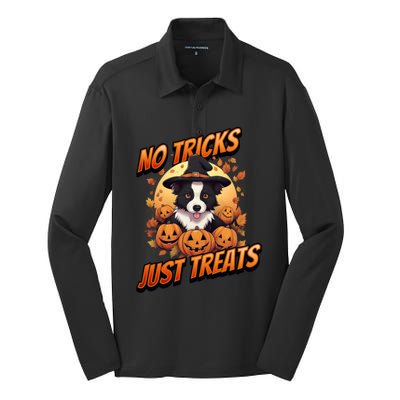 Halloween Border Collie Dog No Tricks Just Treats Gift Silk Touch Performance Long Sleeve Polo