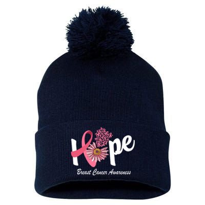 Hope Breast Cancer Awareness Flower Ribbon Pom Pom 12in Knit Beanie