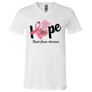 Hope Breast Cancer Awareness Flower Ribbon V-Neck T-Shirt