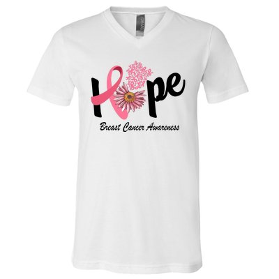 Hope Breast Cancer Awareness Flower Ribbon V-Neck T-Shirt