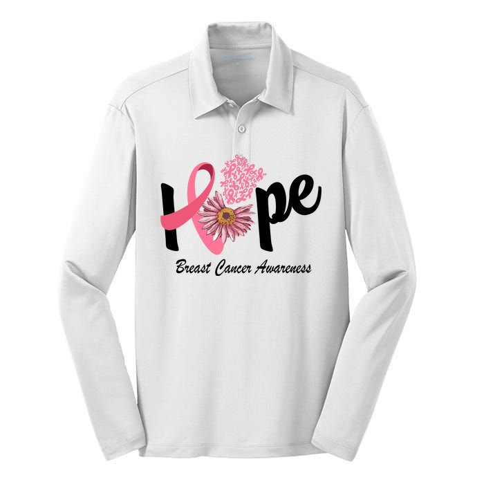 Hope Breast Cancer Awareness Flower Ribbon Silk Touch Performance Long Sleeve Polo