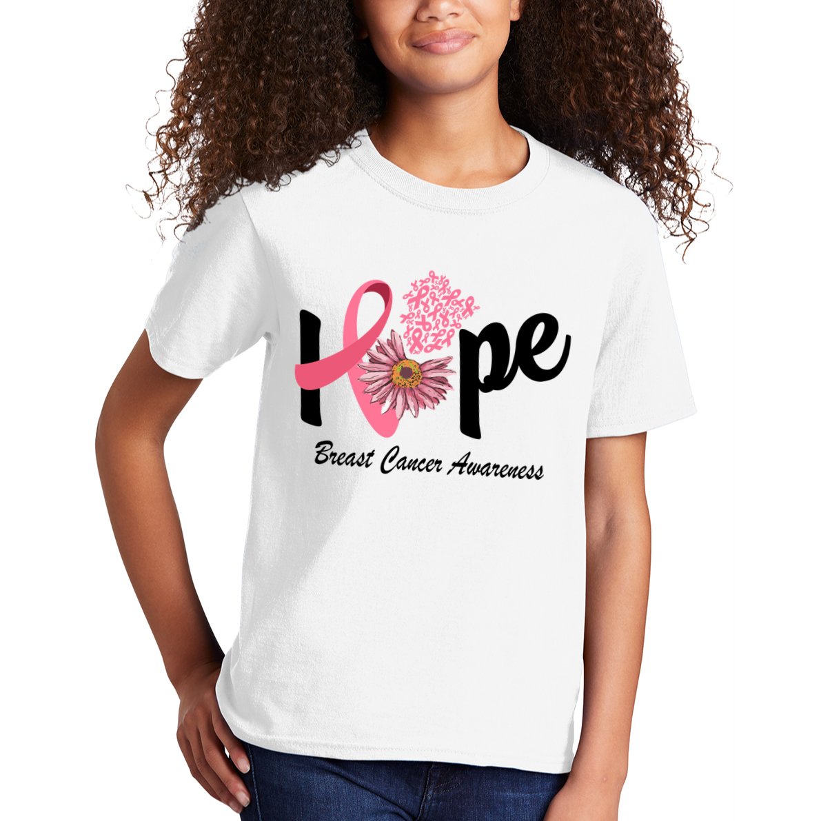Hope Breast Cancer Awareness Flower Ribbon Kids T-Shirt