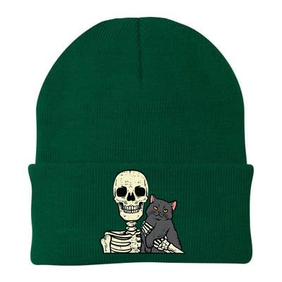 Halloween Black Cat On Skeleton Shoulder Costume Knit Cap Winter Beanie