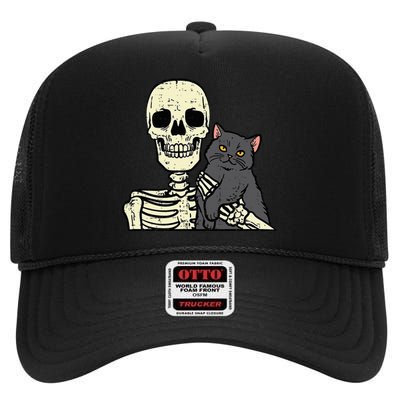 Halloween Black Cat On Skeleton Shoulder Costume High Crown Mesh Back Trucker Hat